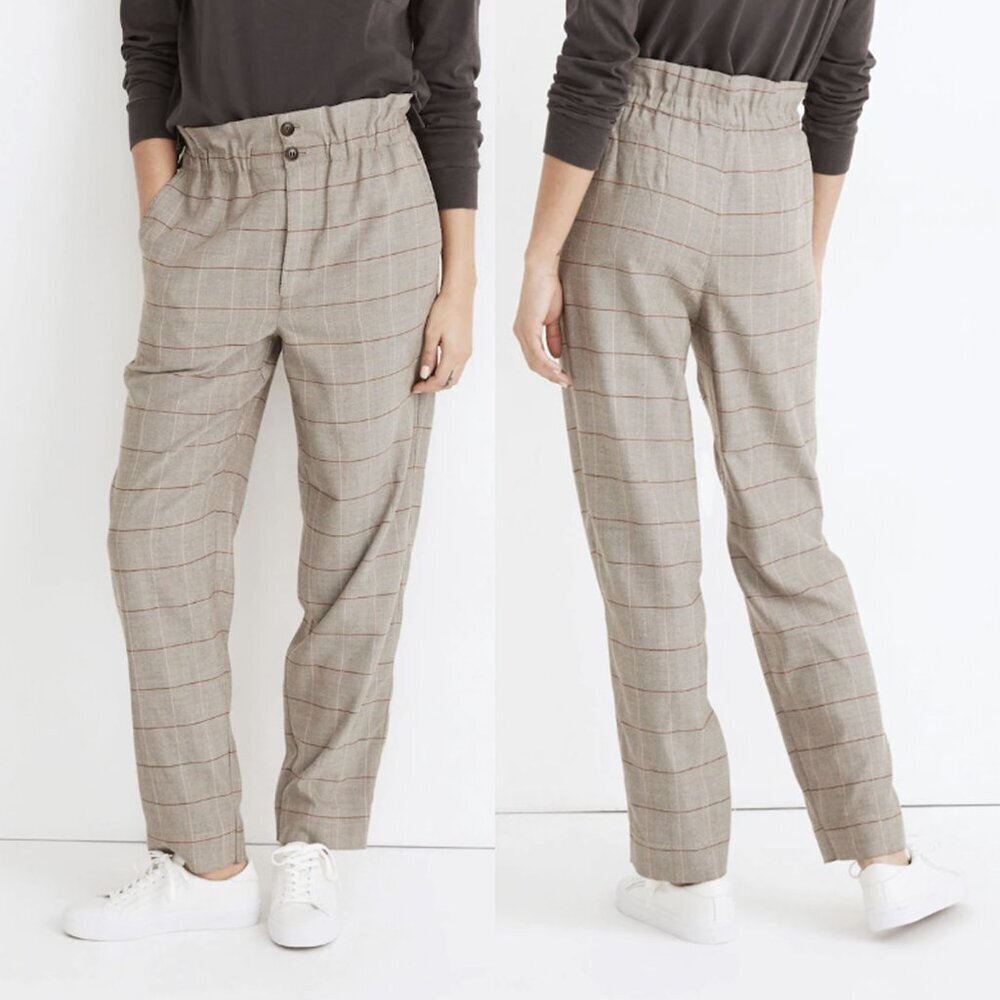Madewell NWT Paperbag Tapered Pants in Herringbone Plaid Tan, Grey and Brown, 6